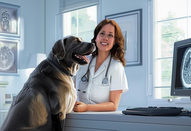 Photo portrait of young veterinarian checking cute dog cat and pets