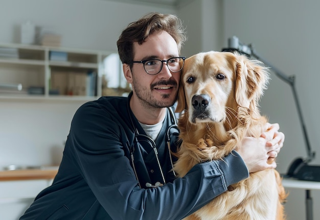 可愛い犬と猫とペットをチェックする若い医の写真肖像画