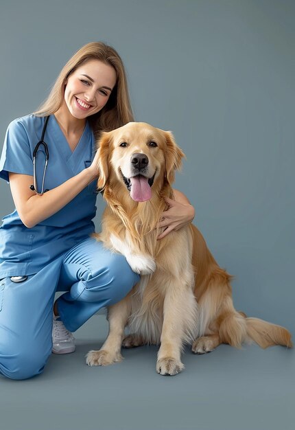 Photo portrait of young veterinarian checking cute dog cat and pets