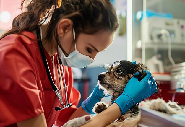 可愛い犬と猫とペットをチェックする若い医の写真肖像画