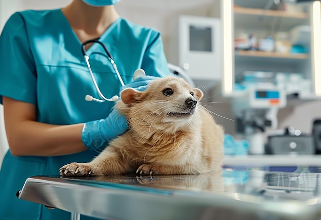 Photo portrait of young veterinarian checking cute dog cat and pets