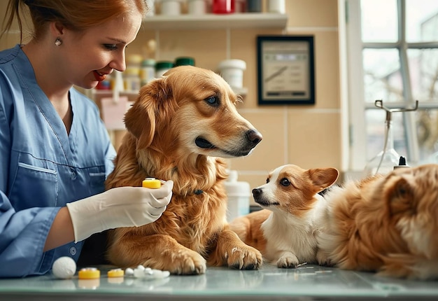 Photo portrait of young veterinarian checking cute dog cat and pets