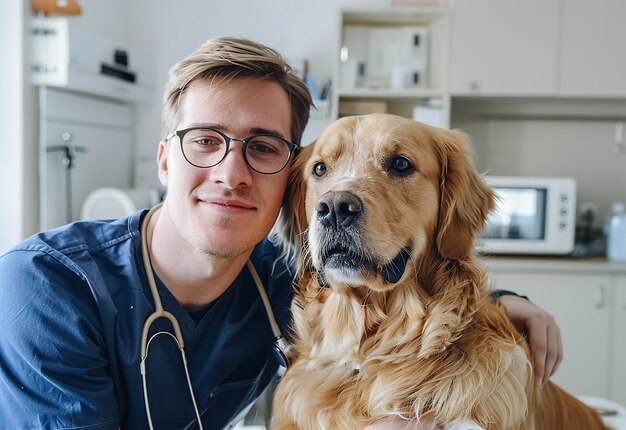 Photo portrait of young veterinarian checking cute dog cat and pets