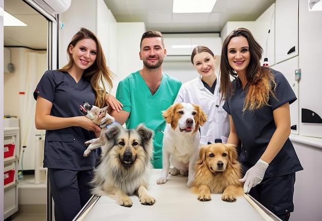 可愛い犬と猫とペットをチェックする若い医の写真肖像画