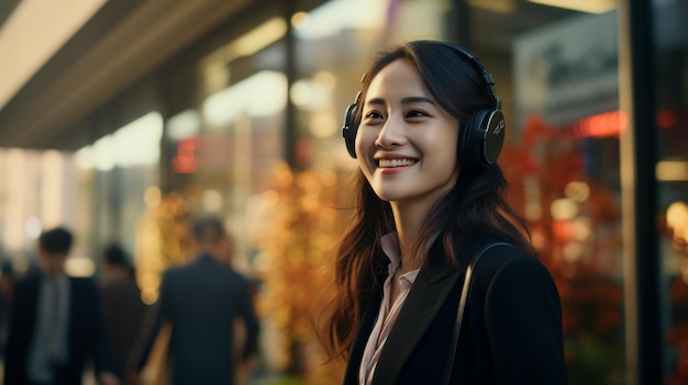 photo portrait of a young woman in earphones listening to music generated by AI
