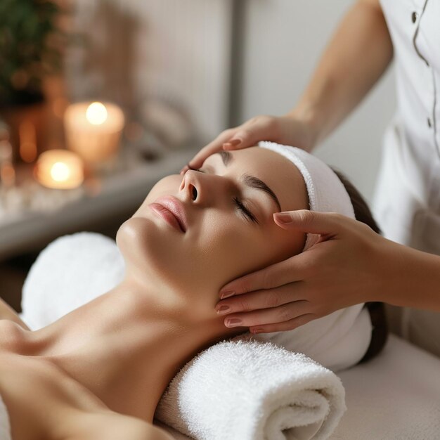 Photo photo portrait of a young woman getting having a head massage facial treatment at spa salon