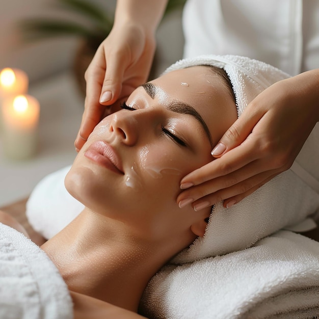 Photo photo portrait of a young woman getting having a head massage facial treatment at spa salon