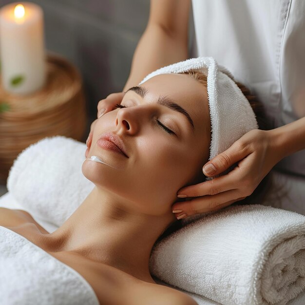 Photo photo portrait of a young woman getting having a head massage facial treatment at spa salon