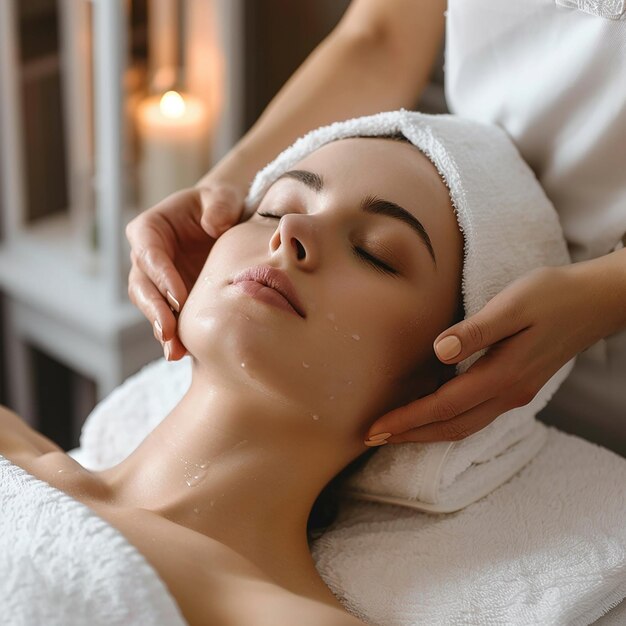 Photo portrait of a young woman getting having a head massage facial treatment at spa salon