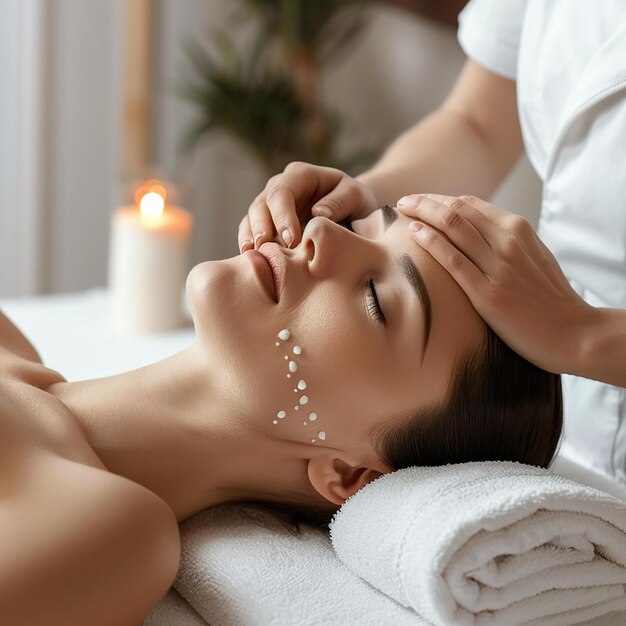 Photo photo portrait of a young woman getting having a head massage facial treatment at spa salon