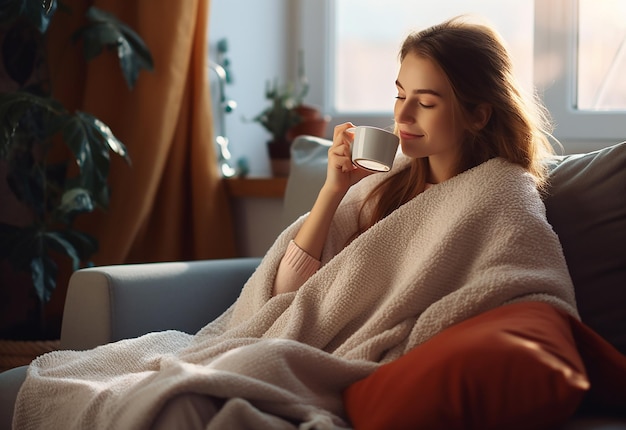 Фотопортрет молодой женщины, пьющей утренний чай