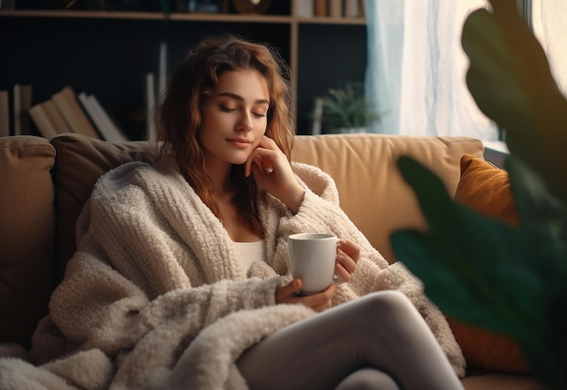 Photo portrait of young woman girl drinking morning tea