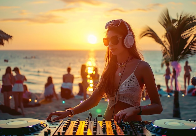 Photo photo portrait of young woman girl is playing dj music on a beach party at sunset