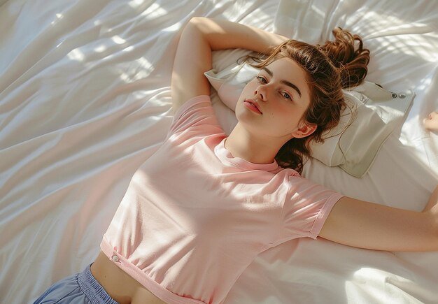 Photo photo portrait of young woman girl laying on a bed with a white sheet