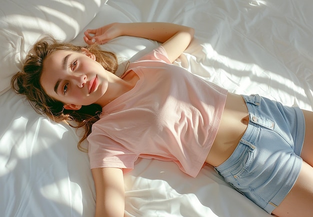 Фотопортрет молодой женщины, лежащей на постели с белым простынем