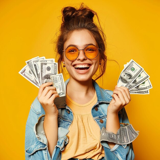 Photo photo portrait of young woman girl model holding cash money dollars in hand with cute smile