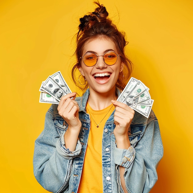 Photo photo portrait of young woman girl model holding cash money dollars in hand with cute smile