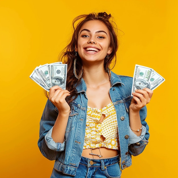 Photo photo portrait of young woman girl model holding cash money dollars in hand with cute smile