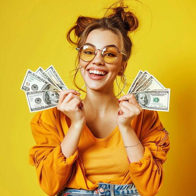 Photo photo portrait of young woman girl model holding cash money dollars in hand with cute smile