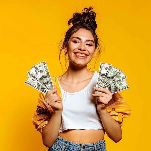 Photo photo portrait of young woman girl model holding cash money dollars in hand with cute smile