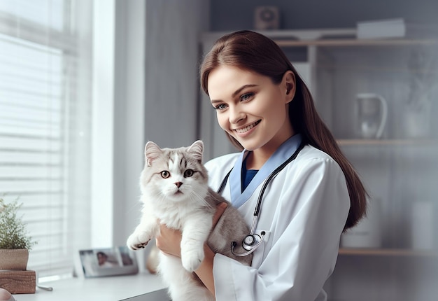 Photo Portrait of young woman girl with her cute cat at home