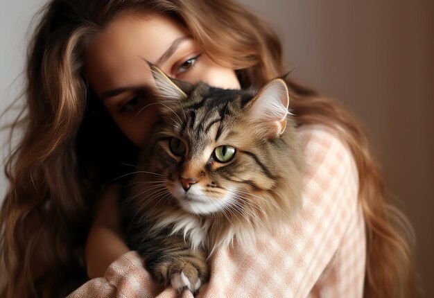 Photo Portrait of young woman girl with her cute cat at home