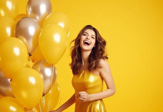 Foto ritratto di una giovane donna che tiene molti palloncini con un sorriso carino