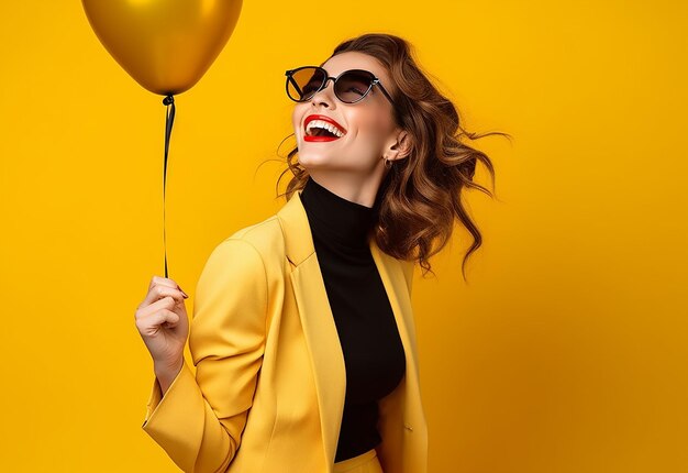 Photo portrait of young woman holding many balloons with cute smile