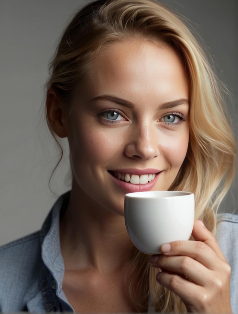 Foto ritratto fotografico di una giovane donna con una tazza bianca