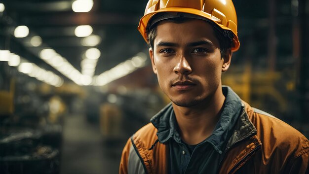 photo portrait of a young worker in a hard hat at a large metalworking plant