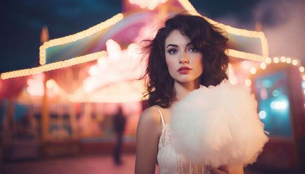 Photo of a positive beautiful woman walking outdoors by night amusement park eat candyfloss