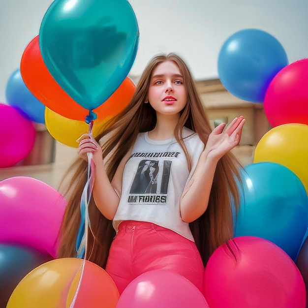 Photo photo positive long haired millennial girl listens favorite music holds bunch of inflated balloons