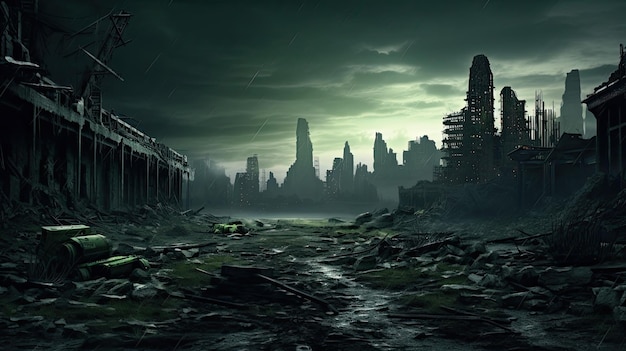 A photo of a postapocalyptic wasteland with ruined buildings toxic sky backdrop