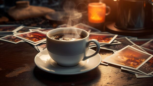 A photo of a postcard collection with a steaming cup