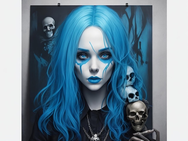 Photo a poster for a girl with blue hair and a skull with the words