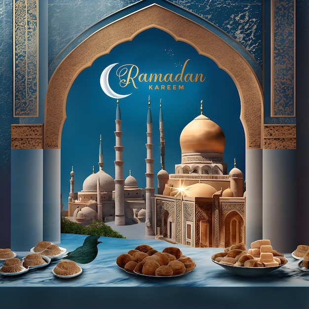 Photo a poster with traditional Ramadan mosque and traditional Arabic sweets