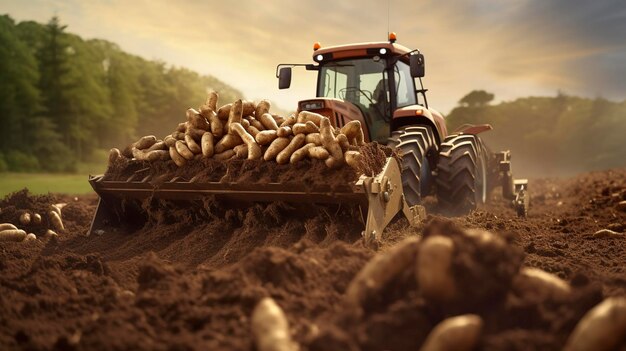 A photo of a potato harvester unearthing potatoes from the soil