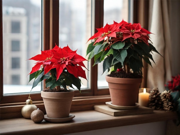 窓際のクリスマスの伝統に花瓶のポインセティアが燃えているろうそくと祝祭の装飾