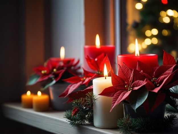 Photo potted poinsettias burning candles and festive decor on windowsill in room christmas tradition