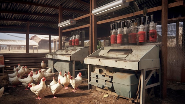 A photo of a poultry house with feeding equipment