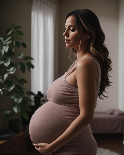 妊娠中の女性の母が腹を握っている写真