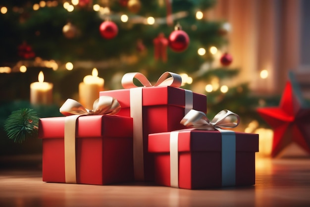 クリスマスツリーの前にある写真のプレゼントボックスの高品質の背景