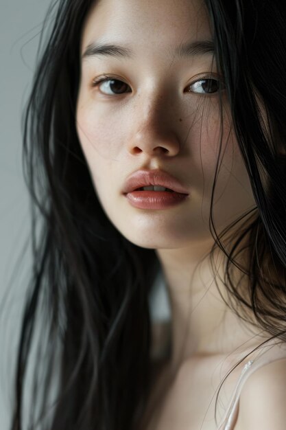 Фотография симпатичной азиатской девушки с идеальной кожей и длинными волосами.