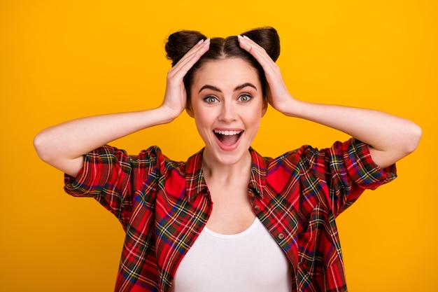 Photo of pretty crazy lady hands on head yell happy