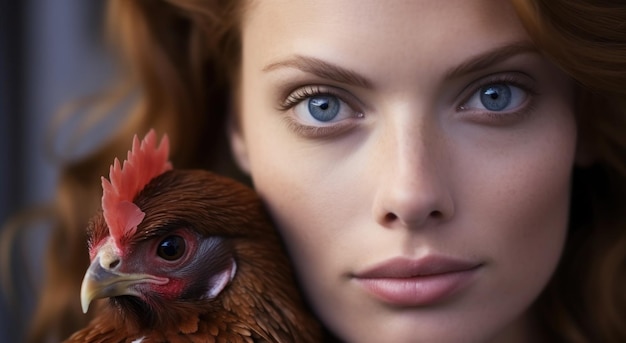 Photo photo of a pretty girl with a chicken