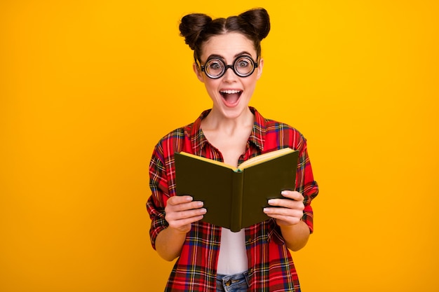 Photo of pretty lady hold open book read interesting story open mouth