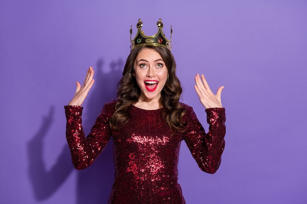 photo of pretty lady prom queen nomination overjoyed look up diadem