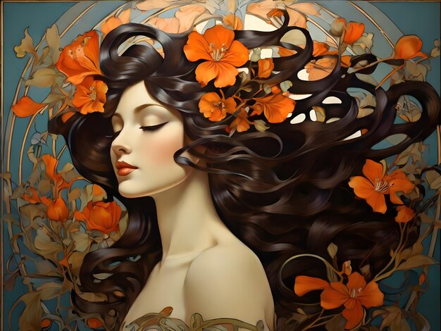 photo pretty woman decorated with flower art nouveau style