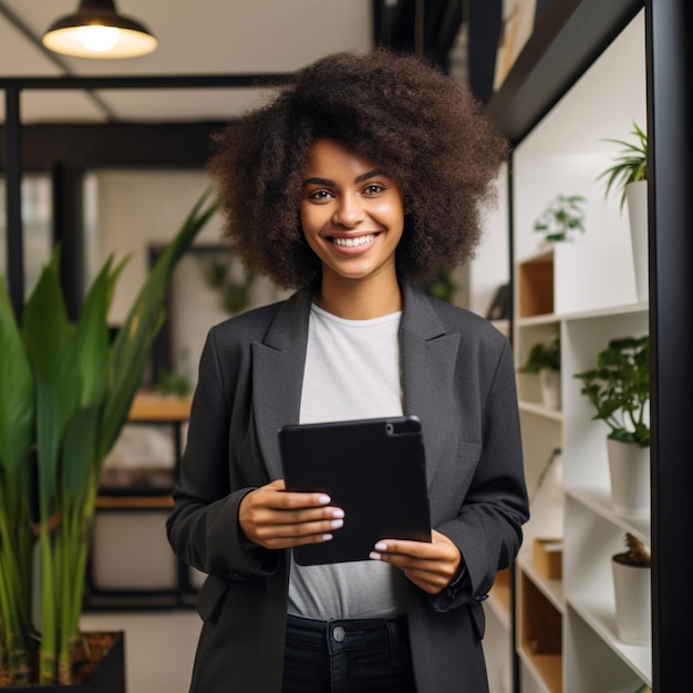 photo pretty young afro american woman standing and using tablet