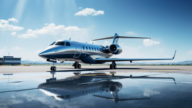 A photo of a private jet parked on a runway